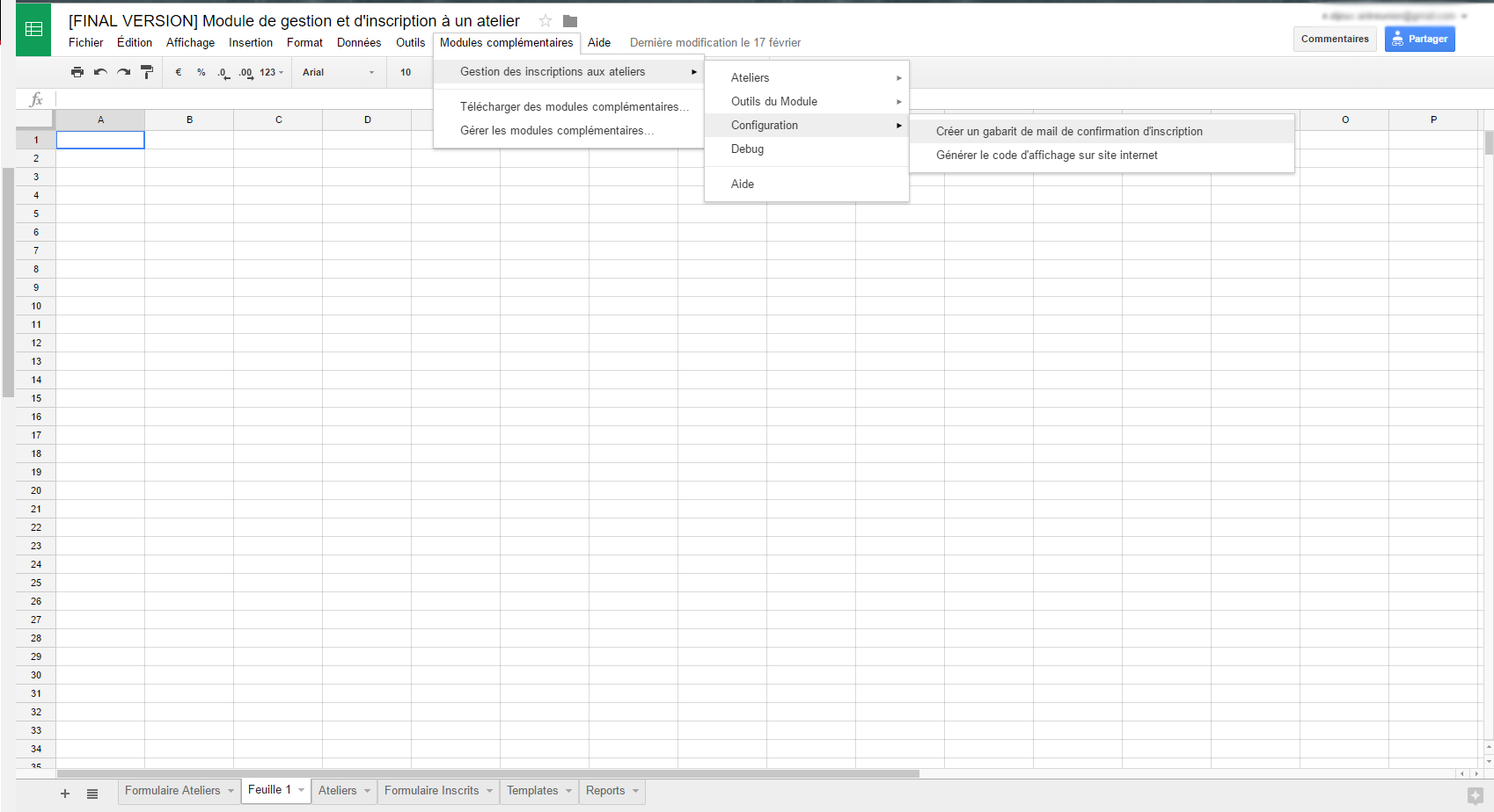 Etape de configuration module Gestion des inscriptions à un atelier