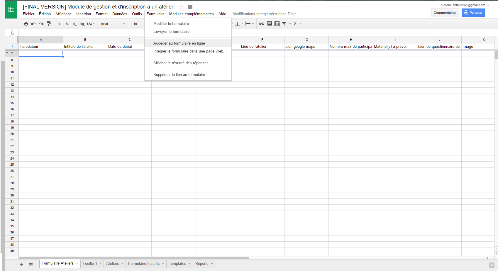 Etape de configuration module Gestion des inscriptions à un atelier