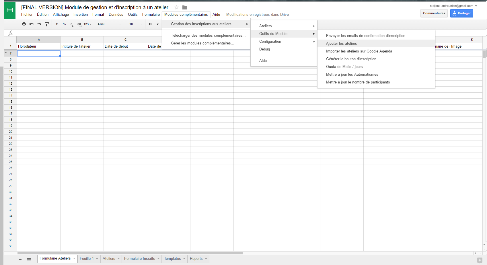 Etape de configuration module Gestion des inscriptions à un atelier