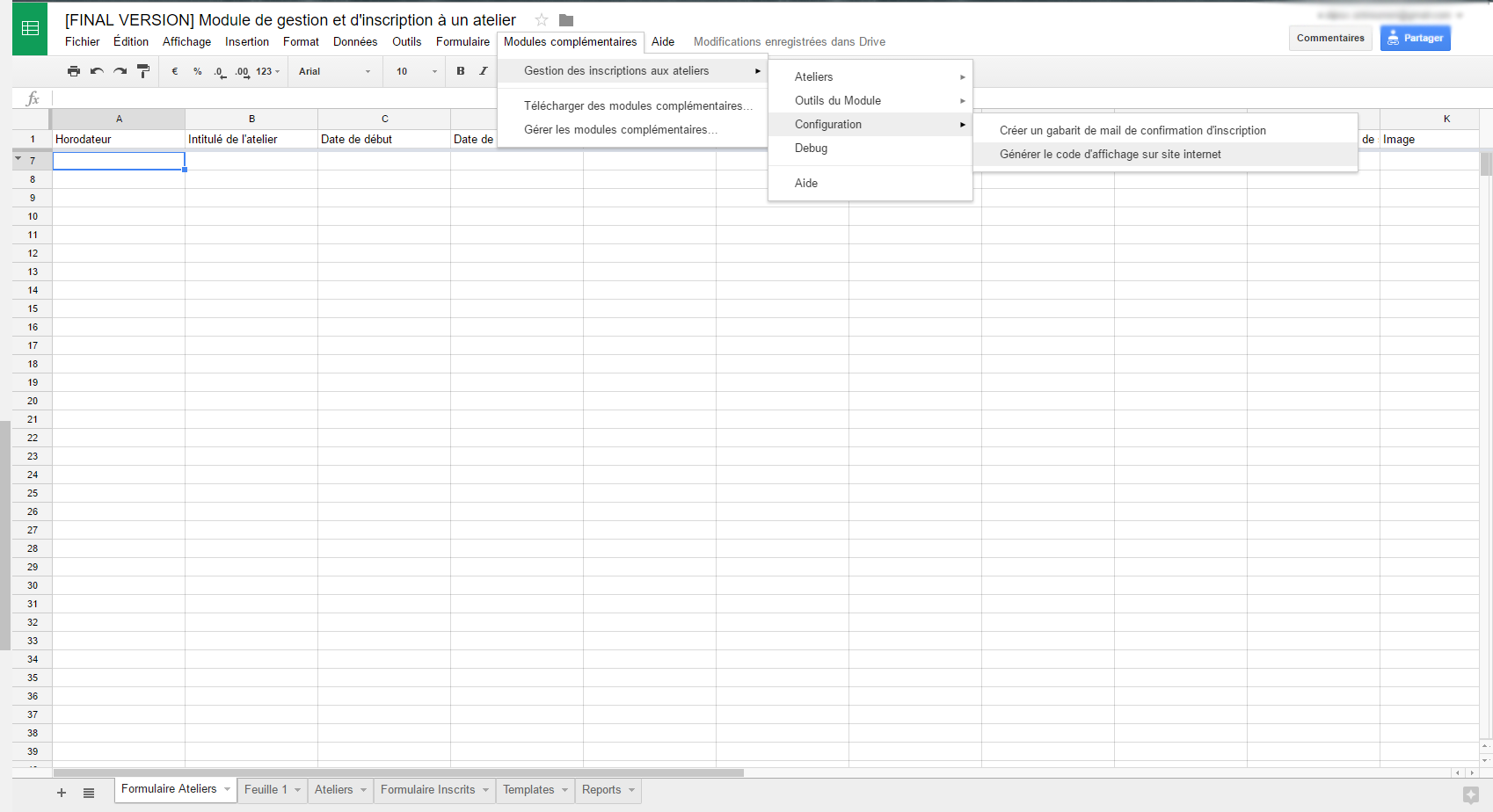 Etape de configuration module Gestion des inscriptions à un atelier