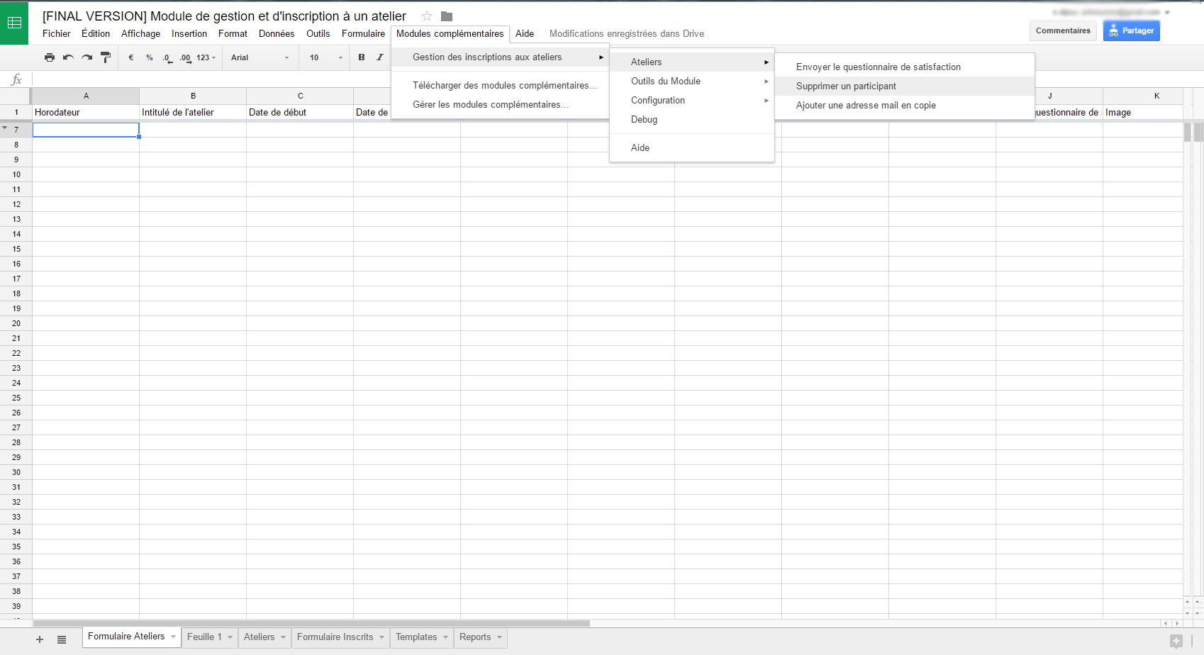 Etape de configuration module Gestion des inscriptions à un atelier